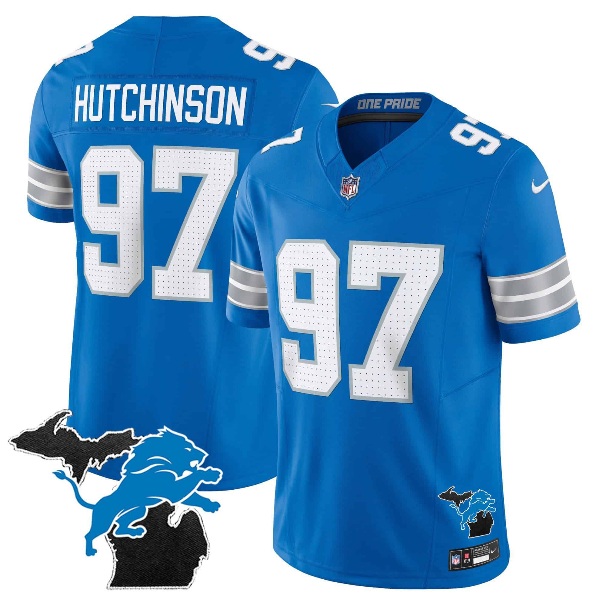 Men Detroit Lions #97 Hutchinson Blue 2024 Nike Michigan Patch Vapor Limited NFL Jersey